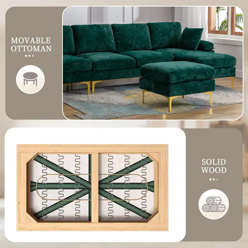 U-Shaped Sectional Sofa with Ottoman - Emerald Velvet, Removable Cover