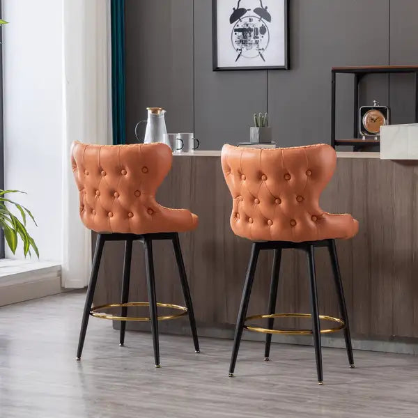 Modern Bar Stools, Set of 2, Swivel, Orange Leatherette, Gold Nailhead Trim - Minihomy