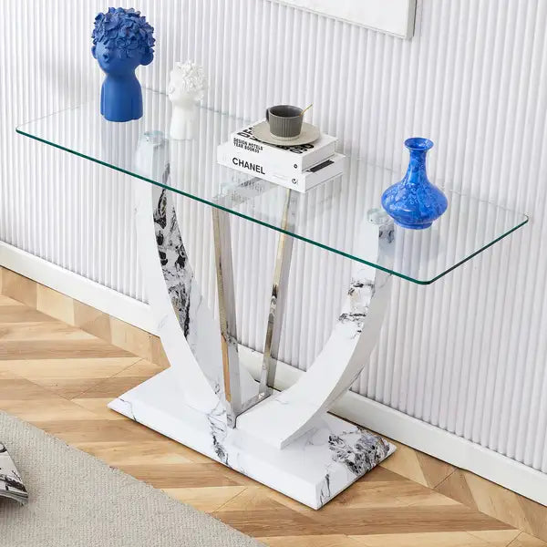 Modern Glass Table | Minimalist Rectangular Entryway & Living Room Table with White Legs