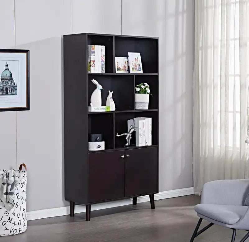 67" 3-Tier Bookcase with Doors - Wide Storage Shelf