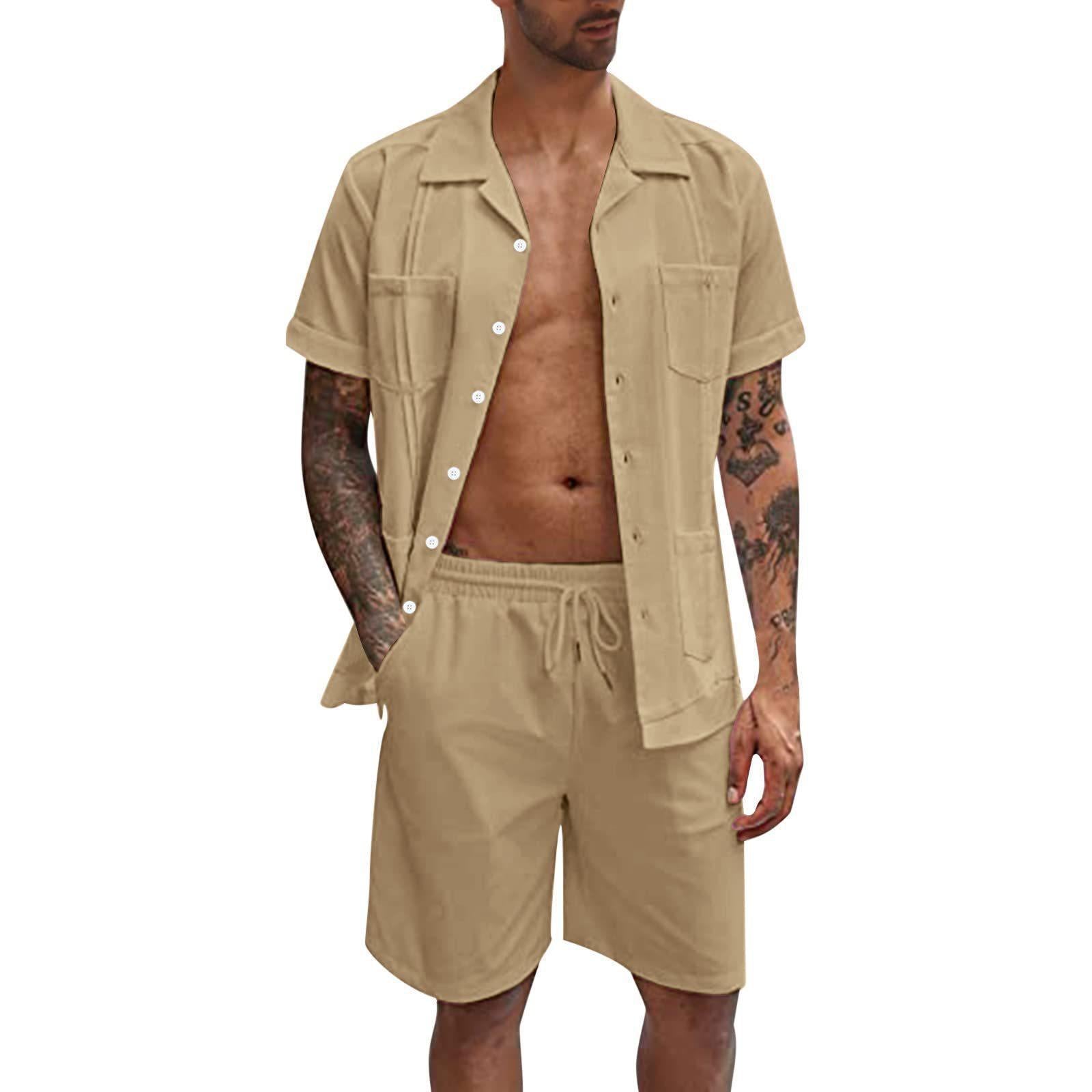 Summer Sports Short Sleeve Shorts Set Linen Loose Casual Men's Shirt Set Summer