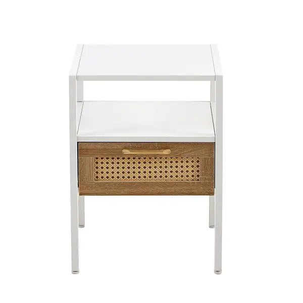 15.75" Rattan End table with  drawer, Modern nightstand, metal legs,side table for living room, bedroom,white(1 pc) - Minihomy