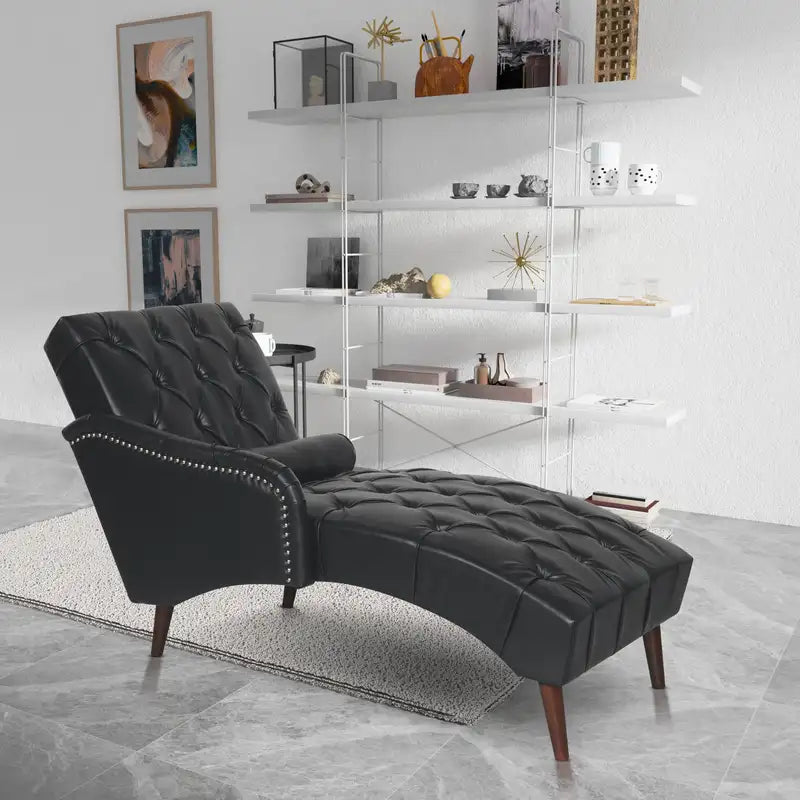 Black PU Leather Chaise Lounge with Pillow - Modern Accent Chair