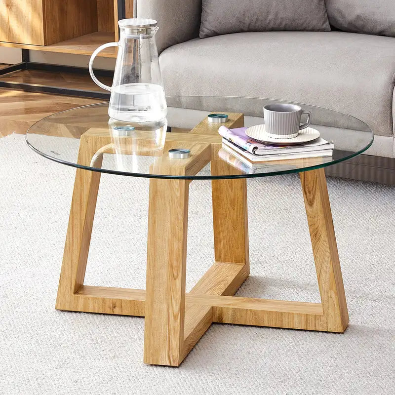 Modern Glass & Wood Coffee Table - Round, 31.5" - Living Room & Bedroom