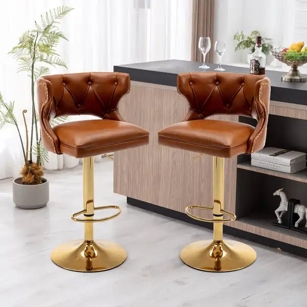 Brown Leather Bar Stools with Back & Footrest - Counter Height (Set of 2) - Minihomy