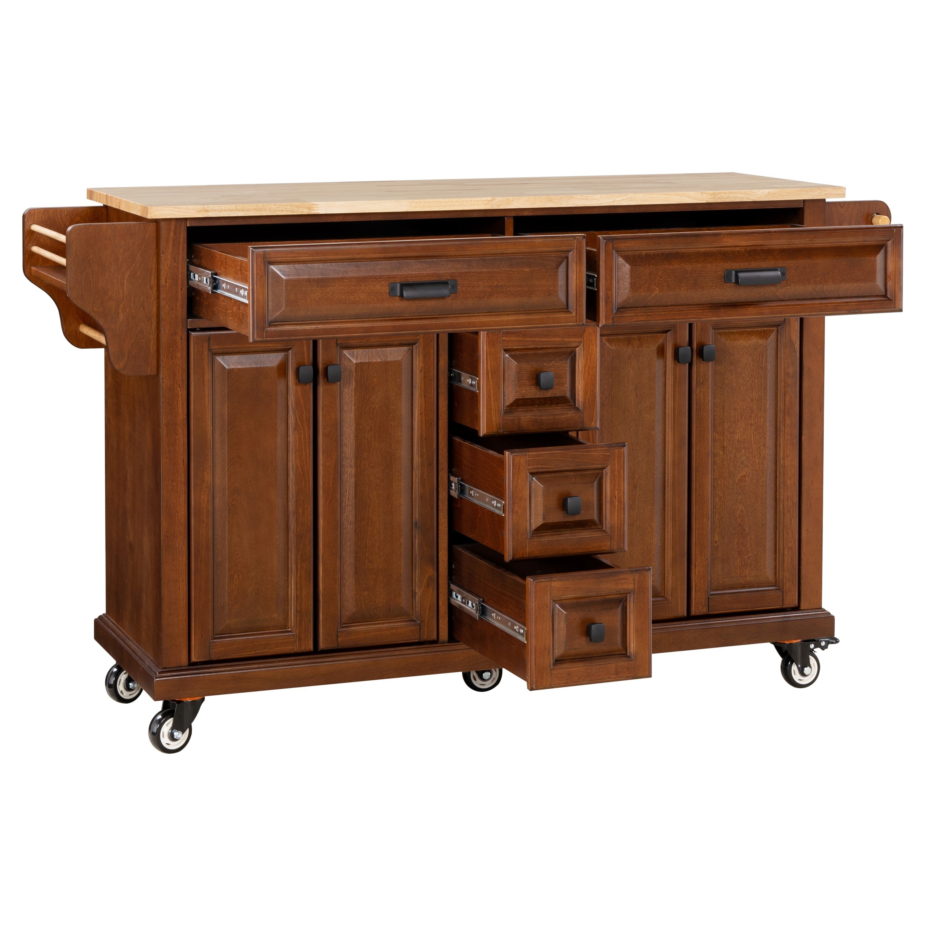 Mahogany Kitchen Island with Rubberwood Countertop, 5 Wheels, Storage & Drawers