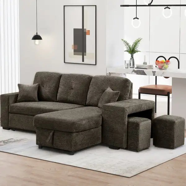 Reversible L-Shaped Sectional Sofa Bed with Storage & 2 Stools - Knox Charcoal