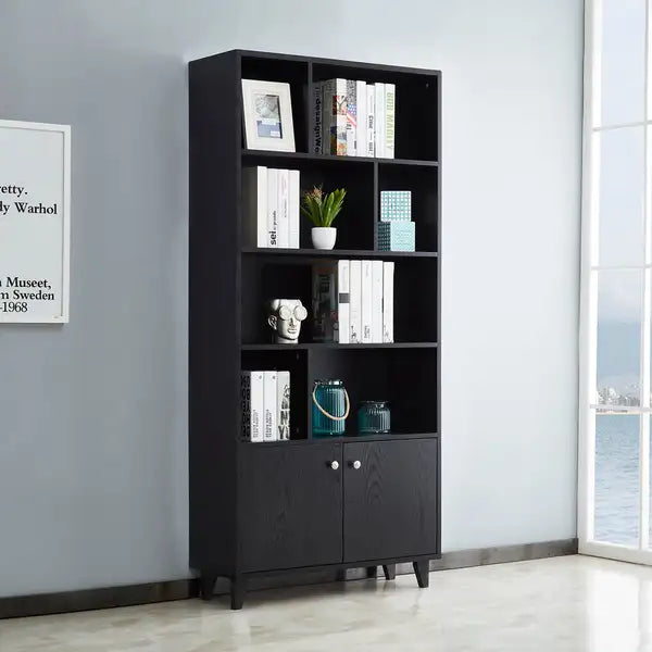 Black Bookshelf with Doors - Modern Bookcase Storage