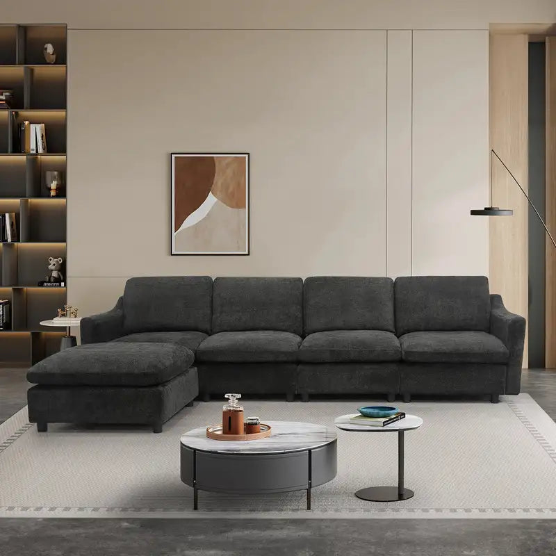 Modern Oversized Deep Seat Sectional Sofa with Chaise - Black or Gray