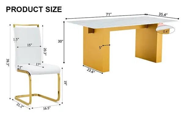 Modern Rectangular Dining Table & 8 Chair Set - Glass Top, Faux Leather Seats, Golden Legs - Minihomy