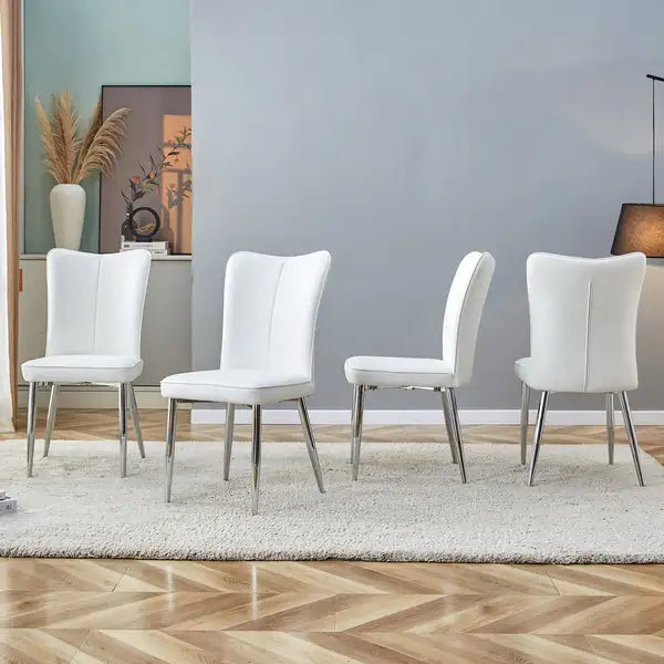 4-Piece White PU Dining Chairs with Silver Legs - Modern Minimalist Set for Home & Office - C-008 - Minihomy