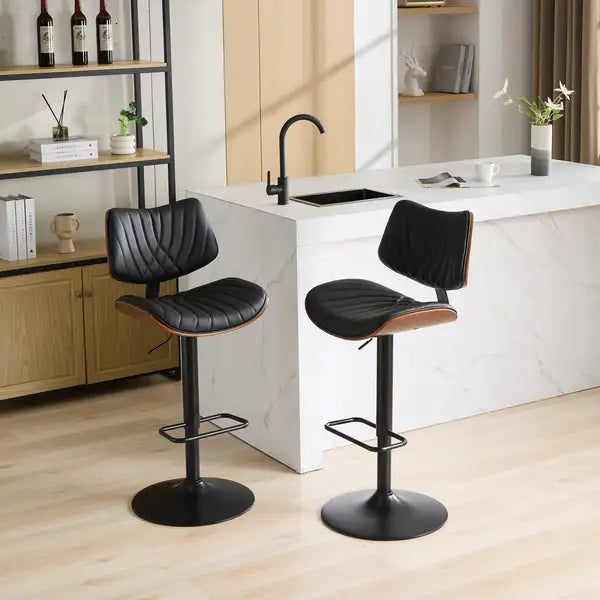 Black Leather Swivel Bar Stools, Mid Century Modern Adjustable Counter Height for Kitchen & Dining Room - 1 Chair - Minihomy