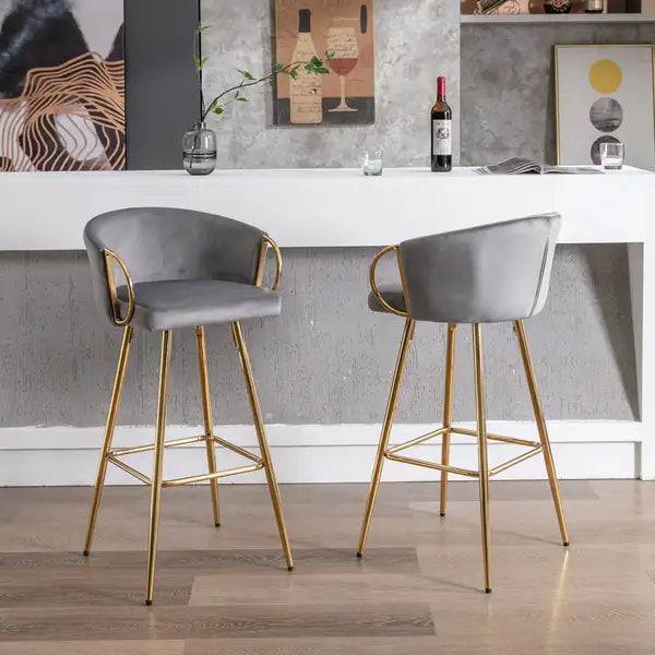 26 Inch Velvet Bar Stools Set of 2, Chrome Footrest, Gold Legs, Gray - Minihomy