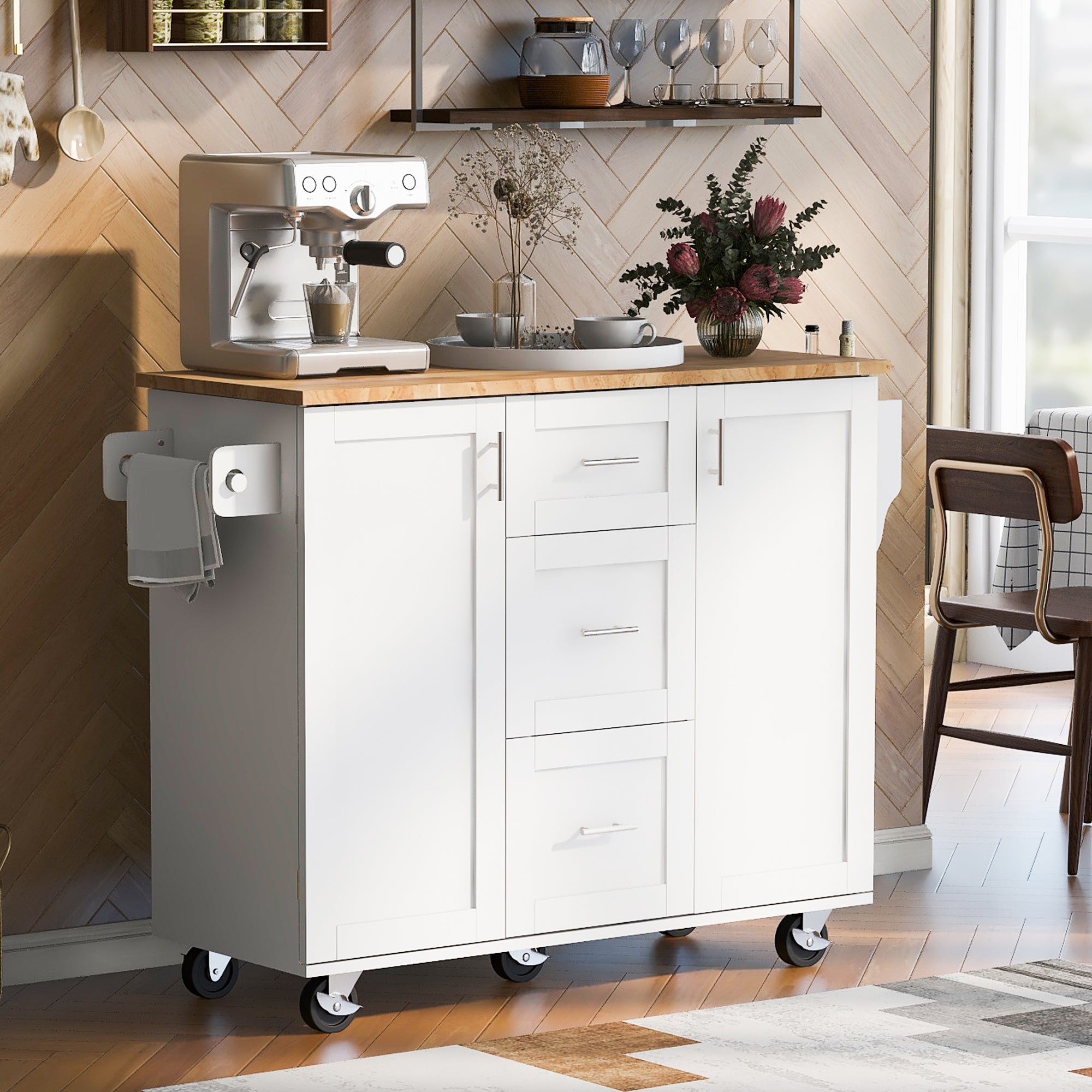 Rolling Kitchen Island with Storage, Rubber Wood Top, 3 Drawer, 2 Shelves, Spice & Tower Rack, White