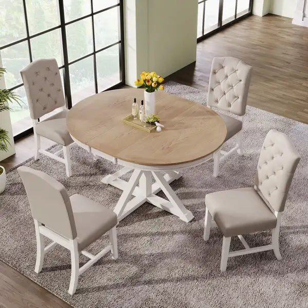 Extendable Dining Table Set with 4 Chairs - Retro Style, Oak & Off White