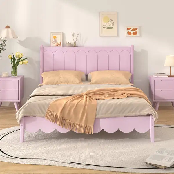 Full Size Platform Bed Frame, Retro Style Wood Bed, Pink, No Box Spring Needed