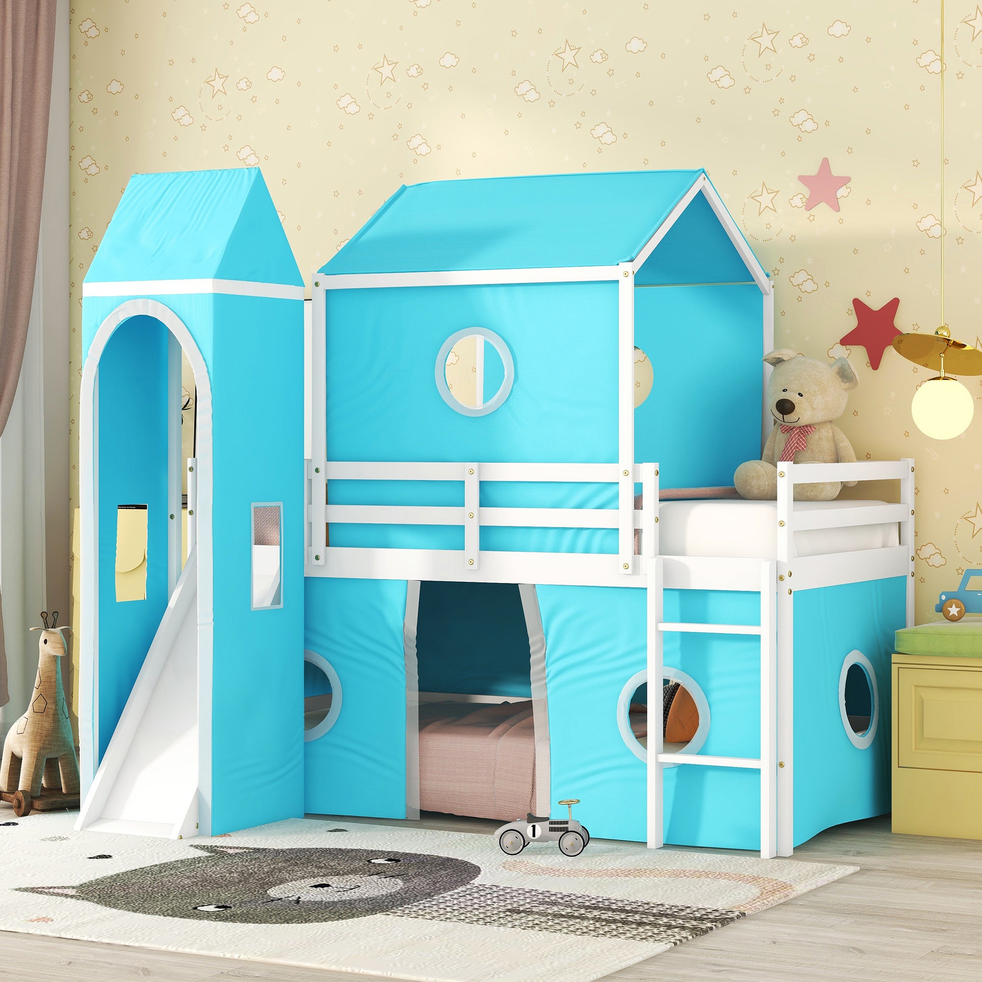 Twin Loft Bed with Slide, Blue Tent & Tower - Kids Bedroom Furniture