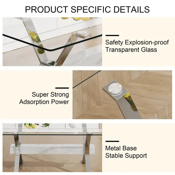 Modern Glass Dining Table with Silver Legs - 79" x 39" x 30" - Home & Office Use - Minihomy