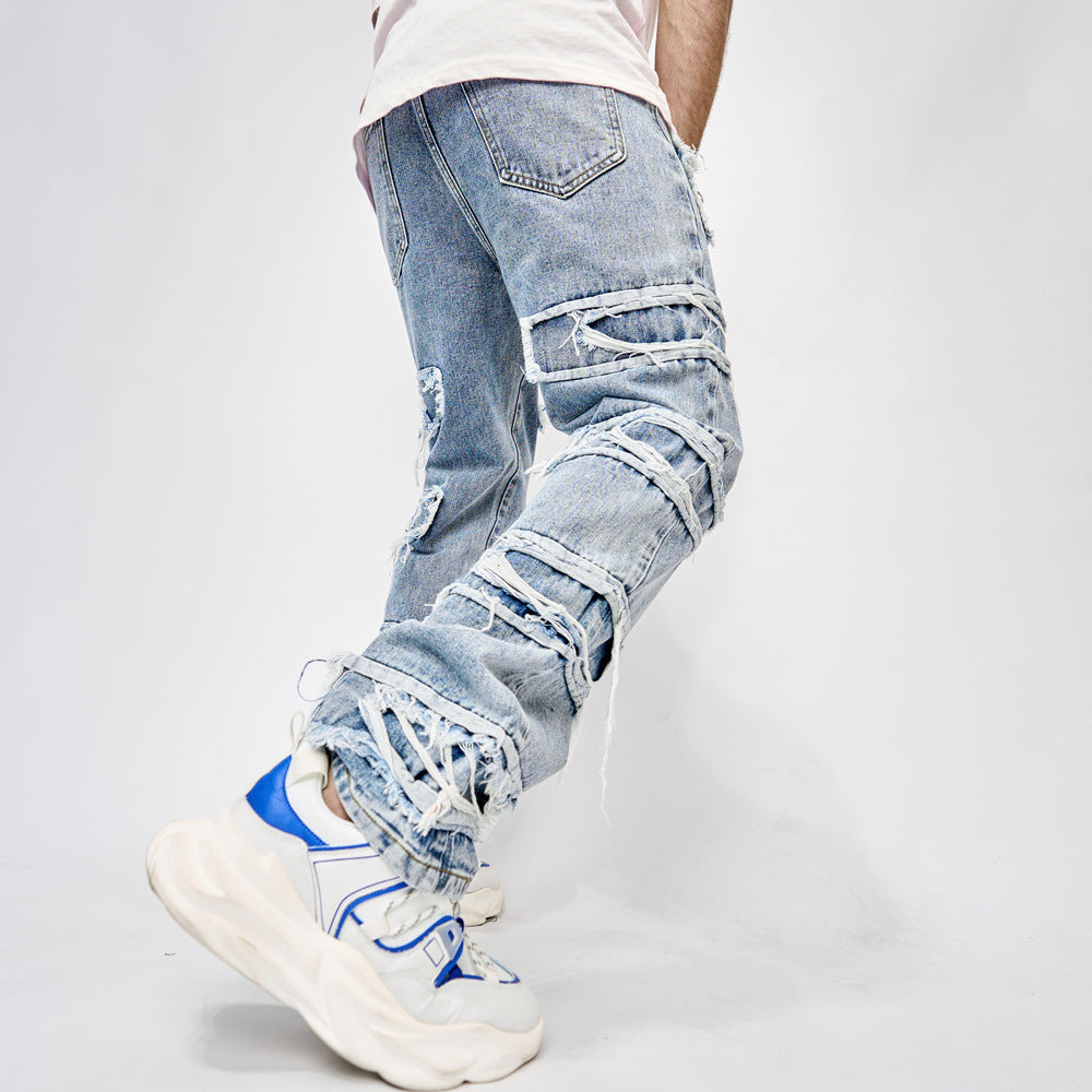 High Street Trousers - Men's Full-Length Patched Straight Fit Hip Hop Jeans