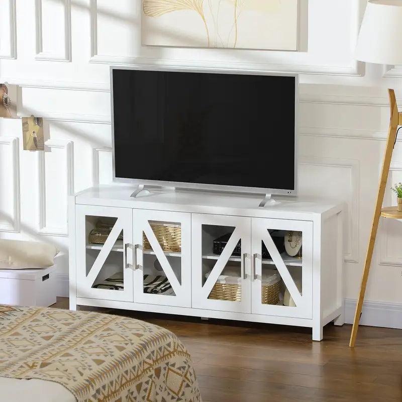 HOMCOM 58" White TV Stand with Adjustable Shelves & Glass Doors