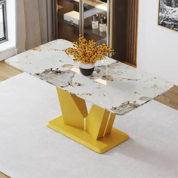 Modern Rectangular Dining Table with Imitation Marble Glass Top & Gold Legs - 71" x 35.4" x 30"