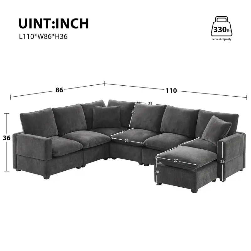 7-Seat U-Shape Sectional Sofa - 110x86" Chenille Couch Set with Pillows