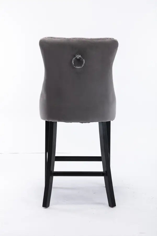 Contemporary Velvet Barstools Set of 2 with Button Tufted, Wooden Legs & Chrome Nailhead Trim (Gray) - Minihomy