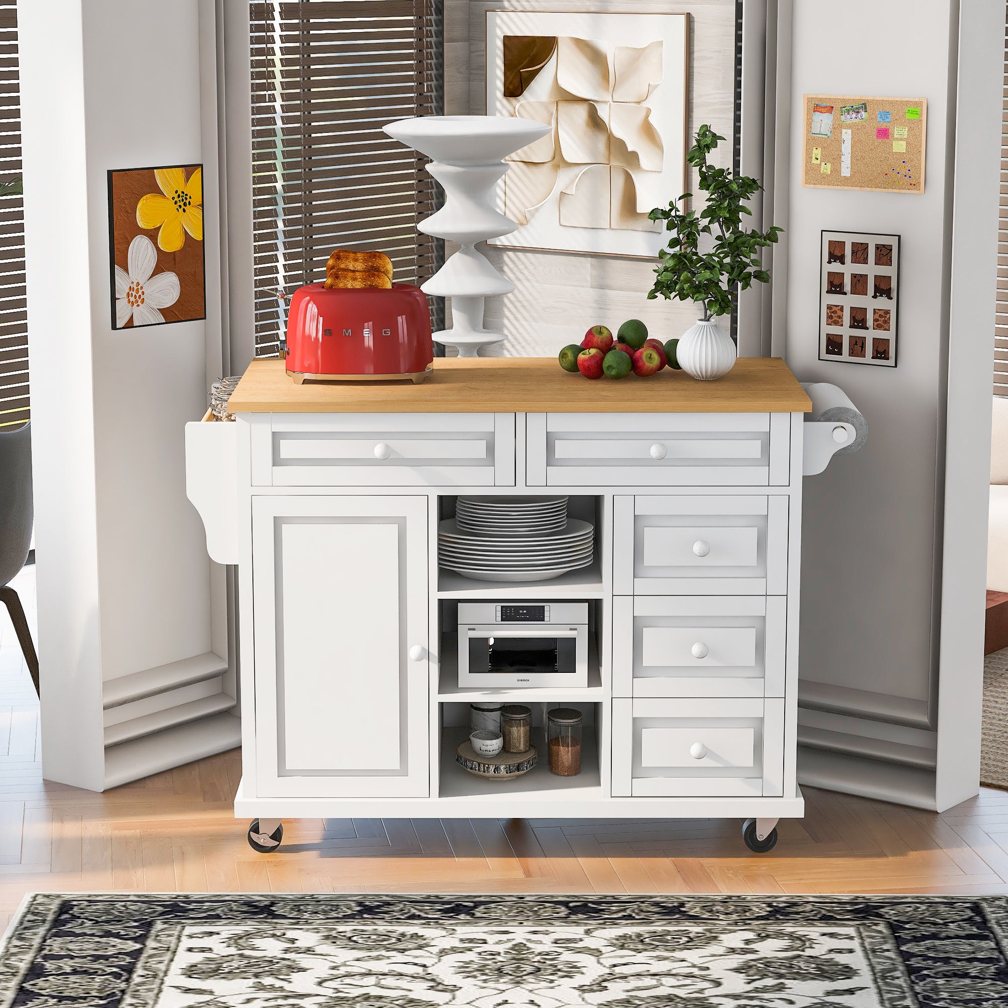 White Kitchen Cart with Rubberwood Desktop, Rolling Mobile Island, Storage & 5 Drawers, 53"