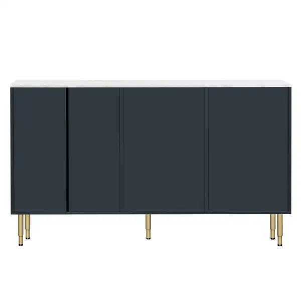 Modern Sideboard Buffet Cabinet with Marble Top & Amber Glass Doors (Navy Blue) - Gold Legs & Handles - Minihomy