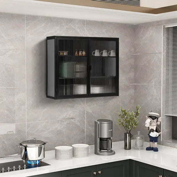 Modern Wall Cabinet with Glass Doors - 27.56" Entryway, Living Room, Bathroom, Dining Room - Black