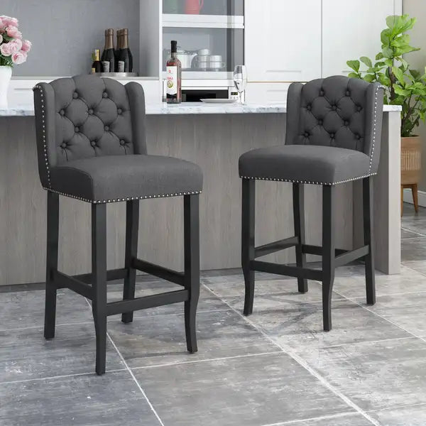 Vienna Tufted Wingback Counter Stools (Set of 2), Charcoal & Dark Brown, 31"