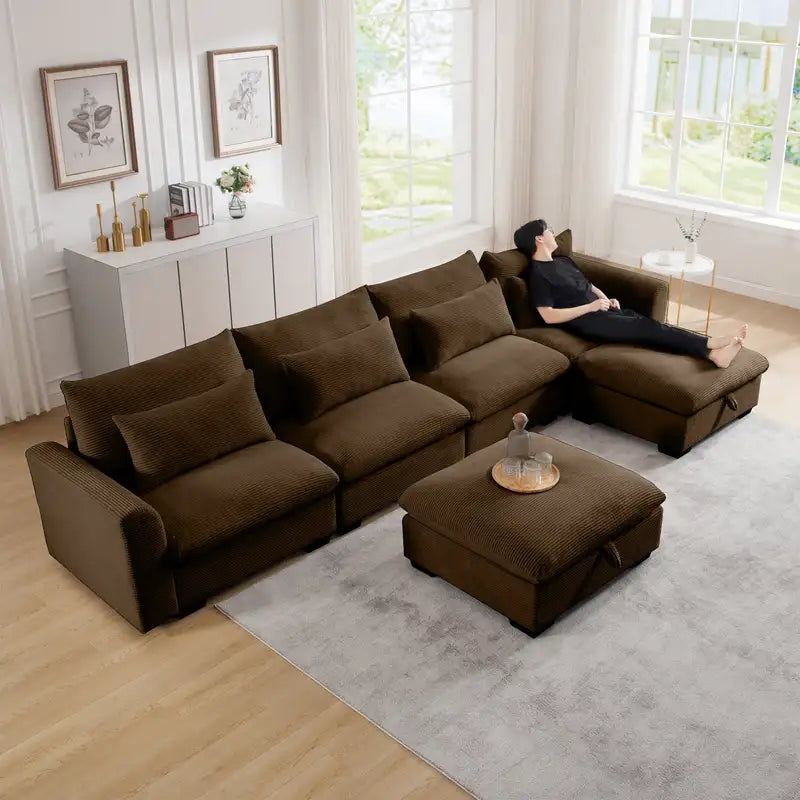 Brown Corduroy U-Shaped Sectional Sofa - Storage & Pillows