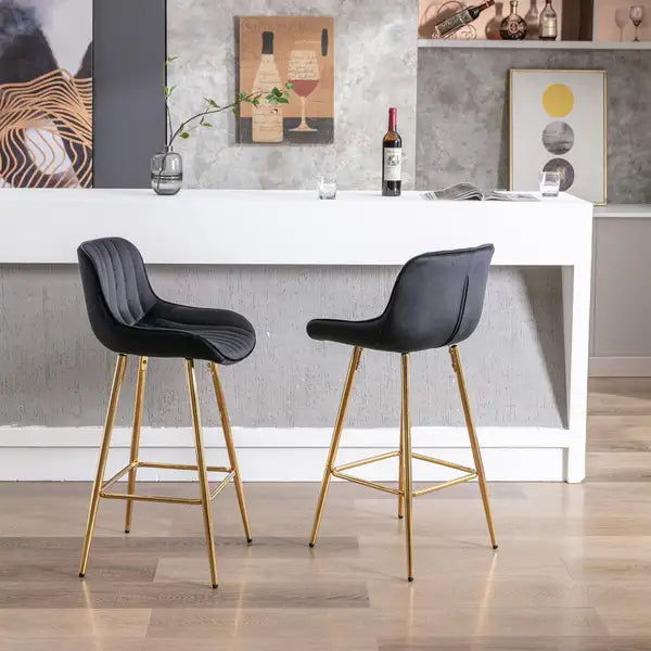 26 Inch Velvet Bar Stools (Set of 2), Chrome Footrest, Golden Legs, Black - Minihomy