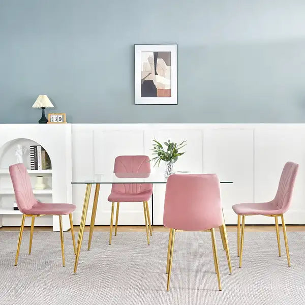 Modern Pink Dining Chairs Set of 4, Light Luxury Home Bedroom Stool with Gold Metal Legs - Minihomy