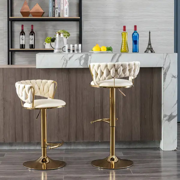 Cream Velvet Swivel Bar Stools Set of 2 - Height Adjustable & Chrome Base - Minihomy