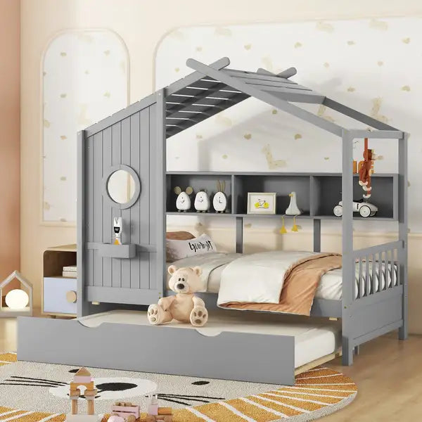 Twin Size Wooden House Bed with Trundle & Storage Shelf - Modern Kids Bed, Gray