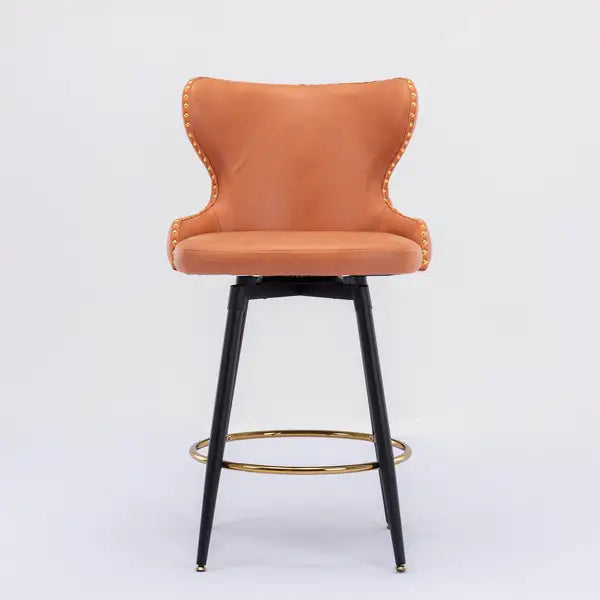 Modern Bar Stools, Set of 2, Swivel, Orange Leatherette, Gold Nailhead Trim - Minihomy