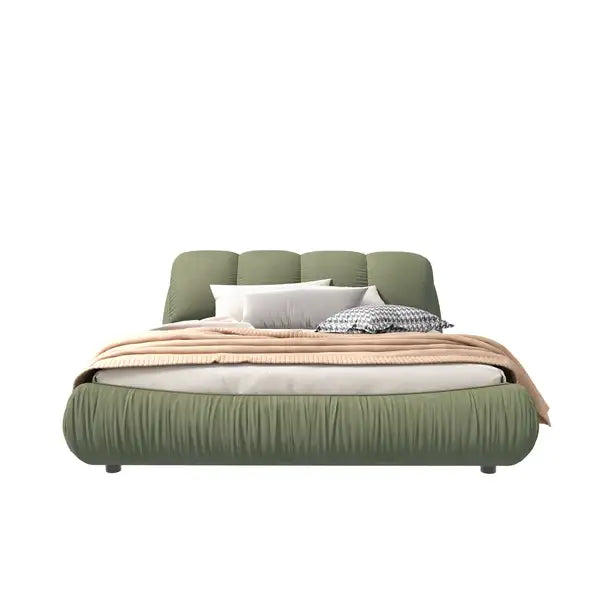 King Size Upholstered Platform Bed with Oversized Padded Backrest - Green - Minihomy