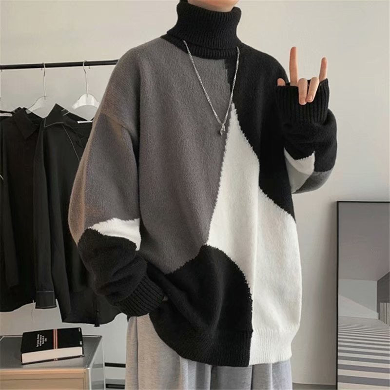 Contrasting Color High-neck Pullover Outer Wear Lazy Wind Thickened Base Sweater Men