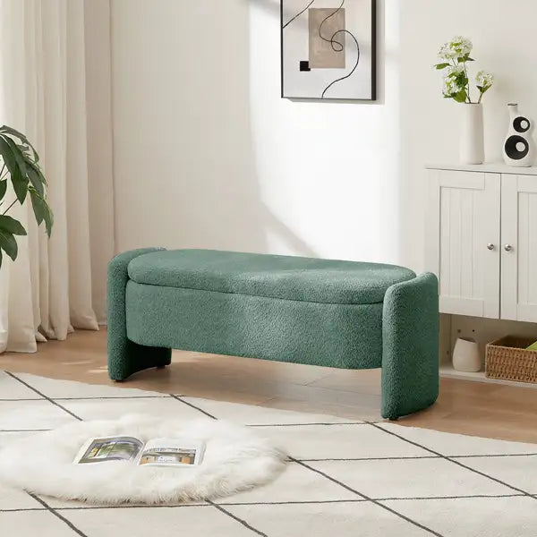 Green Ottoman Storage Bench with Large Capacity - 3D Lamb Fleece