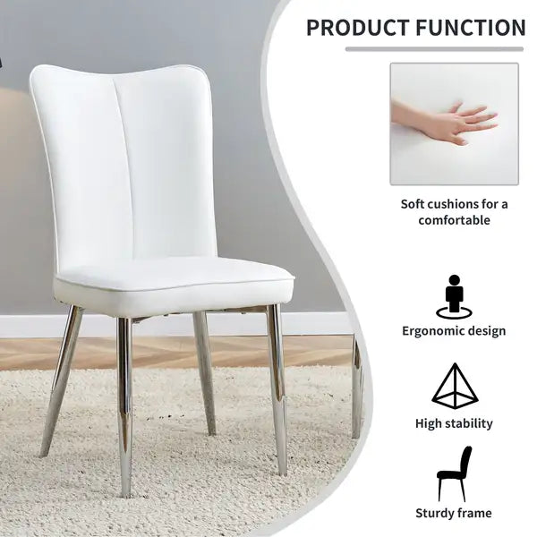 2-Piece Modern Dining Chairs Set - White PU Seat, Silver Metal Legs - Office, Restaurant, Living Room - C-008 - Minihomy