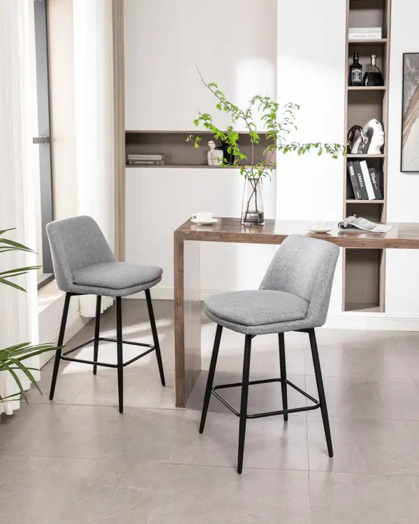 Counter Height Swivel Bar Stools Set of 2, Upholstered with Back & Metal Legs, Grey Linen Cloth - Minihomy