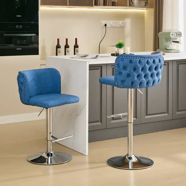 Blue Swivel Barstools Set of 2 - Adjustable Height, Chrome Base, Tufted PU Leather - Minihomy