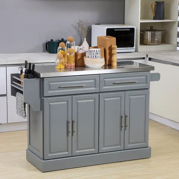 HOMCOM Rolling Kitchen Island: Gray Cart with Stainless Steel Top & Storage