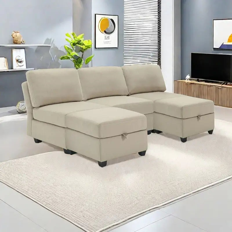 Beige L-Shaped Sectional Sofa with Chaise & Storage: Convertible & Adjustable