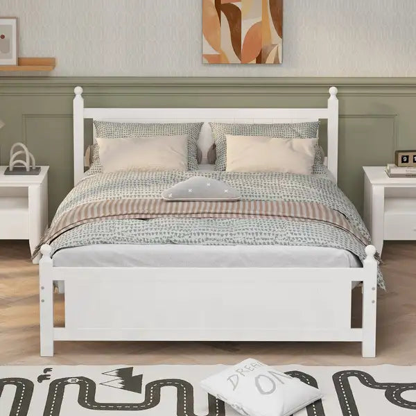 Queen Size Solid Wood Platform Bed Frame - No Box Spring Needed - White - Kids, Teens & Adults