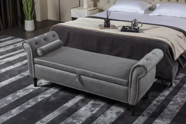 Aijia 63" Velvet Storage Ottoman - Tufted, Nailhead Trim, Grey