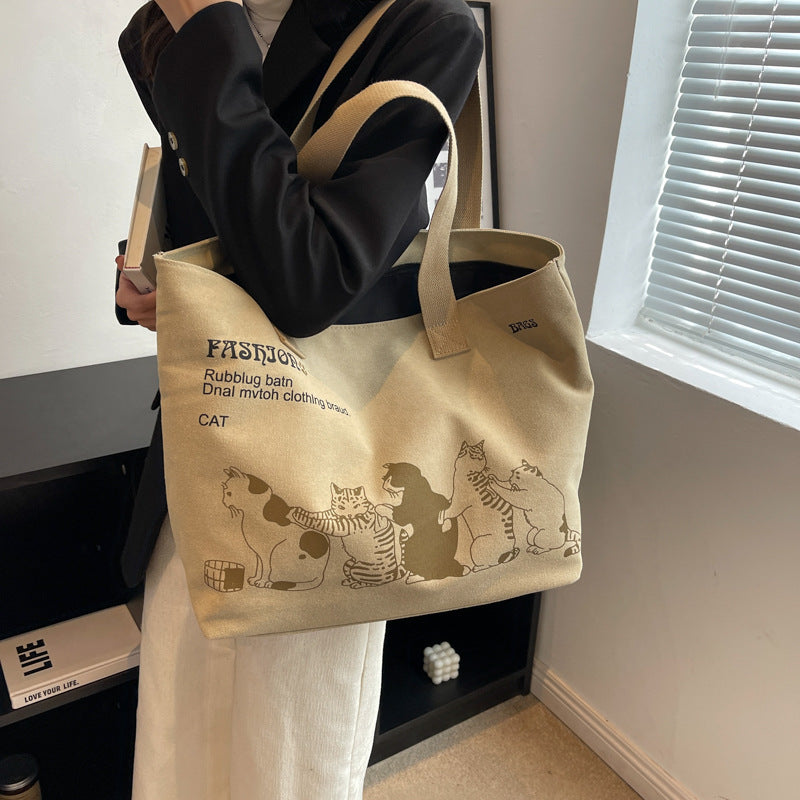 Cute Cartoon Cat Printed Canvas Bag Large Capacity Shopping Shoulder Bag