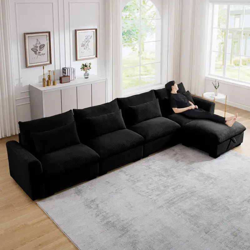 Black Corduroy L-Shaped Sectional Sofa with Storage