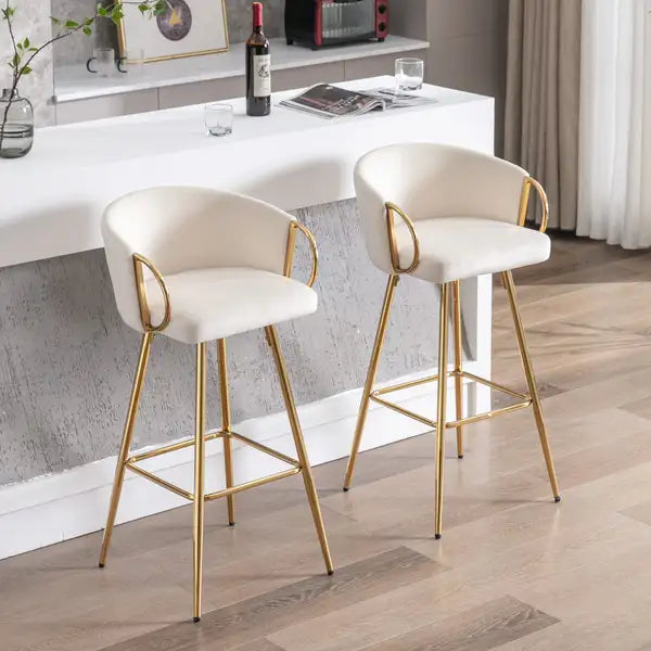 26 Inch Velvet Bar Stools Set of 2, Chrome Base & Footrest, Golden Legs, Cream - Minihomy